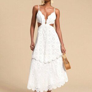 White Boho Women's Woven Eyelet Embroidery Waisted Hollow Out Strap Long Dress